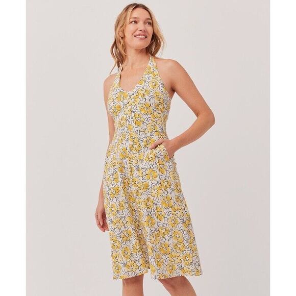 Pact Dresses & Skirts - NWT Pact Organic Cotton Fit Flare Halter Dress Size Small Pockets Yellow Floral